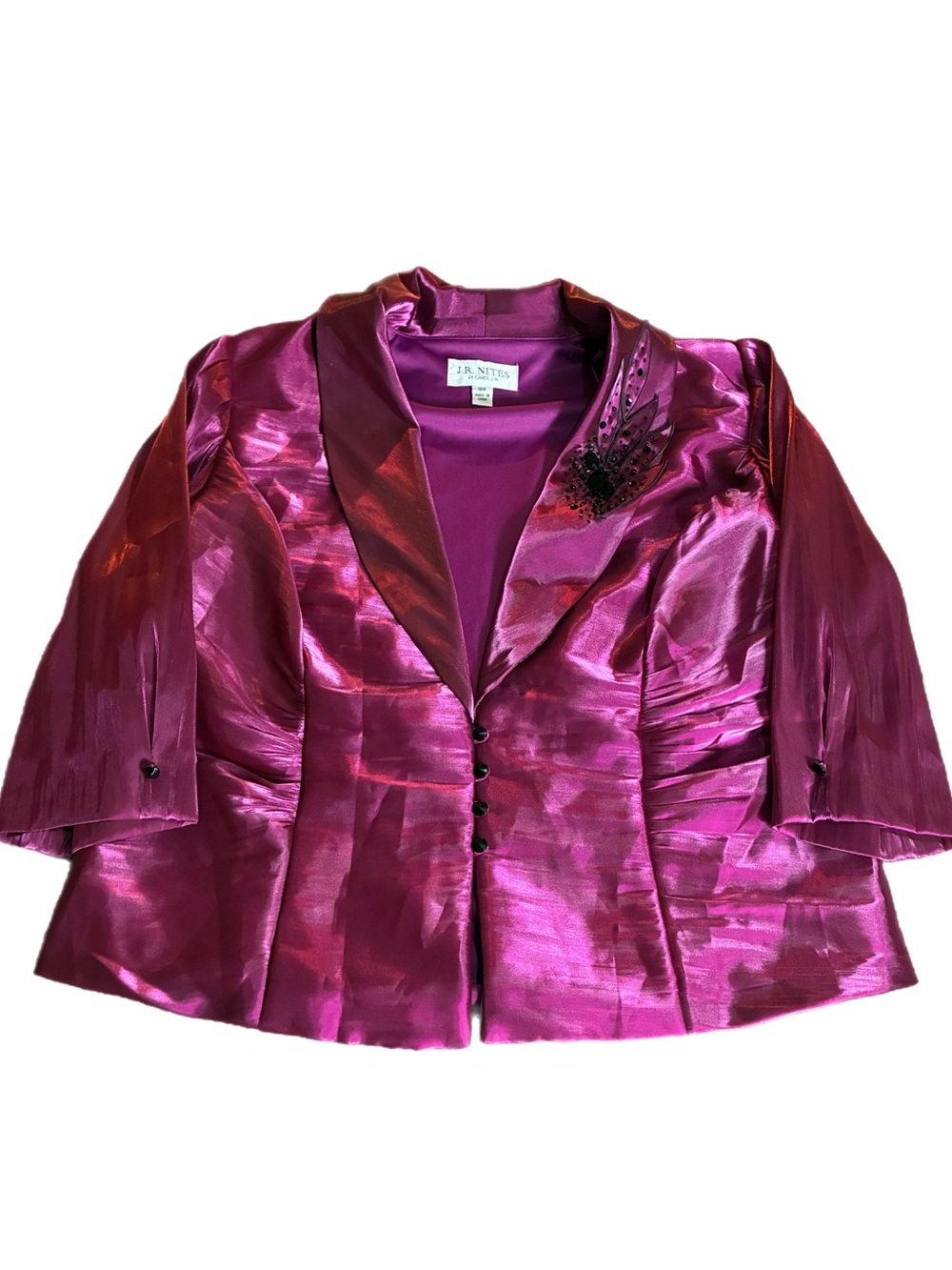 J.R. Nites Evening Blazer Formal Irodescent Fuchsia Beaded Floral Brooch Sz 18W